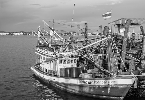 Pattaya, Thailand – June 22, 2022: Thai fishing boat at a Pier in Thailand Southeast Asia
