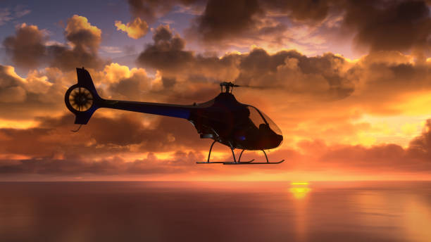 istock Helicopter flying over the amazing sunset 1453997233