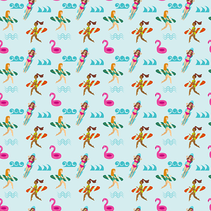 Seamless pattern with waves, surfing white and black girls and pink plastic flamingo on a light blue background