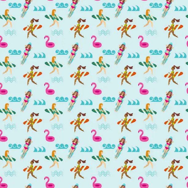 Vector illustration of Seamless pattern with surfing girls and flamingo