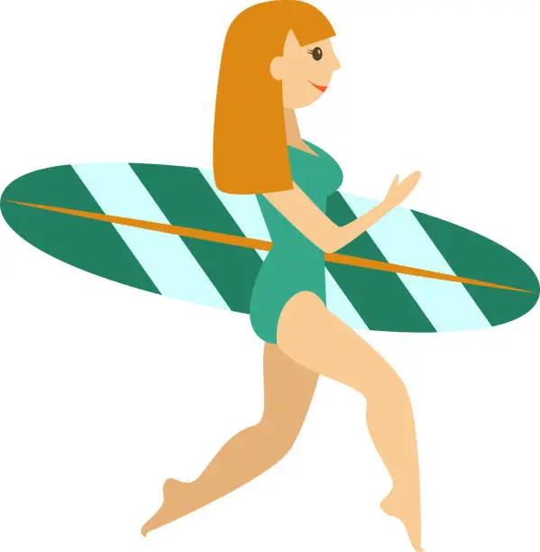 Vector illustration of Redhead girl in bikini with surfer board beach summer illustration