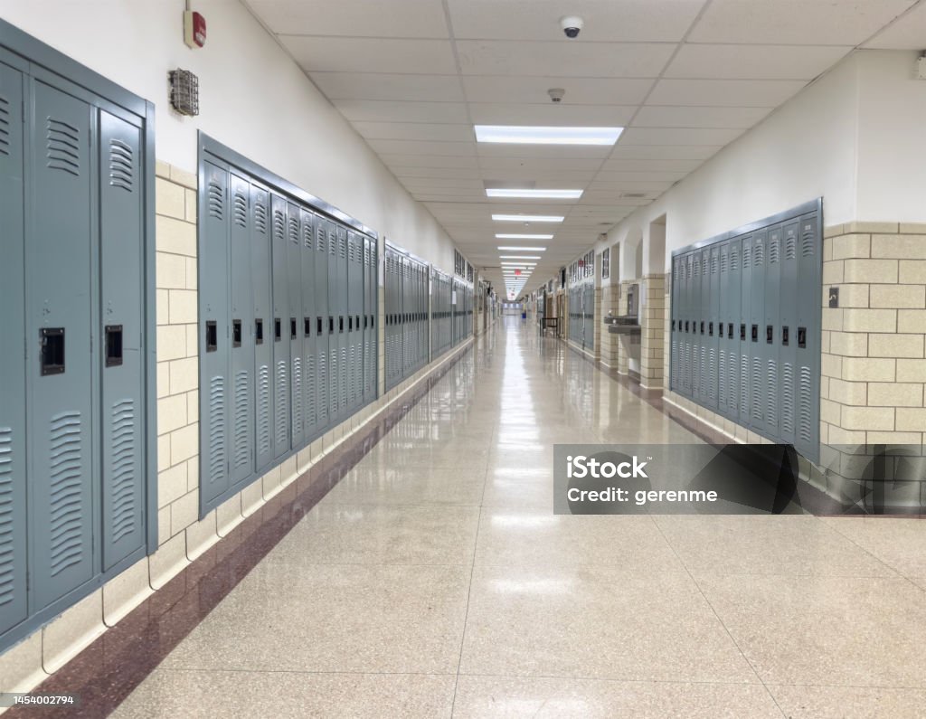 School corridor Corridor of a public school with lockers School Building Stock Photo