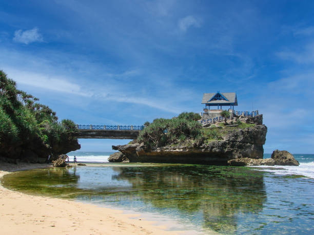 Kukup beach in gunung kidul regency Krakal Beach is a beach tourism object that has the widest and longest beach compared to other Gunung Kidul beaches. Krakal beach sand is white sand, coupled with rocks along the edge of the beach. palau beach stock pictures, royalty-free photos & images
