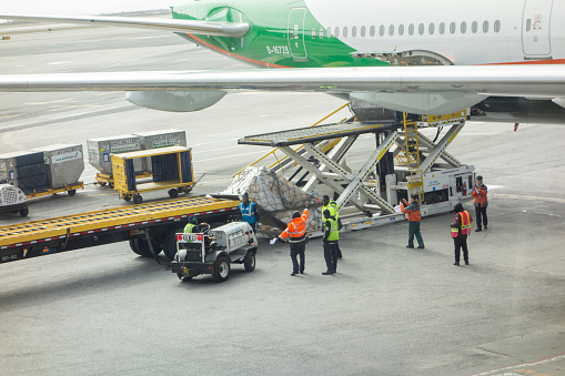 New York City, NY, USA - Feb 24, 2017: Airport workers loading cargo to a commercial airplane in JFK ariport