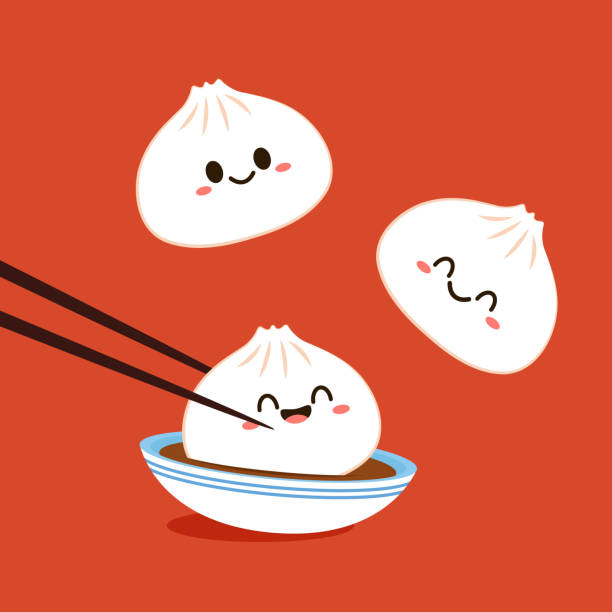 niedlicher dim-sum-charakter, traditionelle chinesische knödel, mit lustig lächelnden gesichtern. kawaii asiatischer lebensmittelvektor. holzkorb. - baozi stock-grafiken, -clipart, -cartoons und -symbole