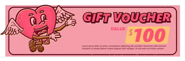 Vector illustration of gift voucher template vintage style. heart shape mascot character for valentines day vector illustration.