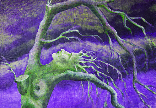 Artistic illustration modern art oil painting  night landscape of tree form of a female figure against the night sky and clouds