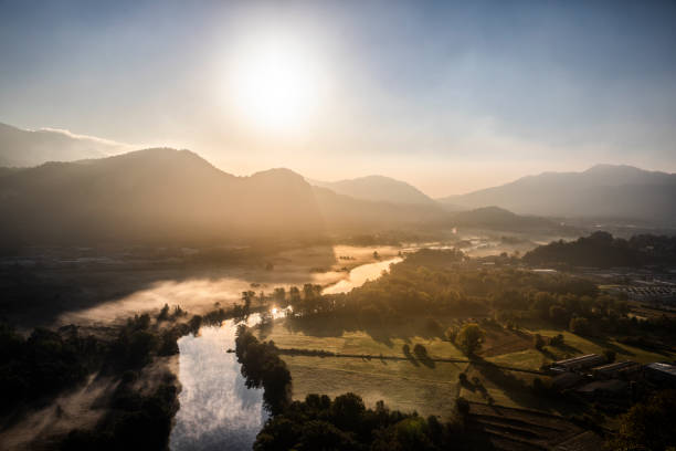 aerial view of the river during sunrise