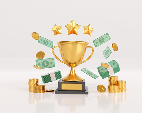 3d render gold winners trophy with stars and coin. golden profit and currency concept. victory prize awards with money. 3d rendering illustration.