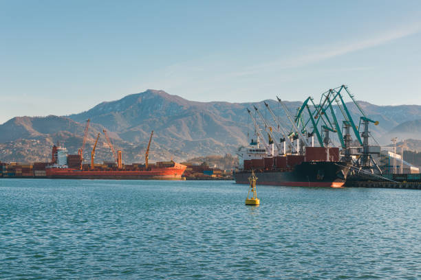 istock Cranes at sea port is loading a ship with cargo for import. Logistic or transportation concept. Global trade 1454006146