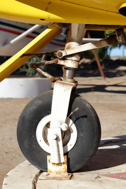 istock A front tire of a small passenger plane secured to the ground 1454006265