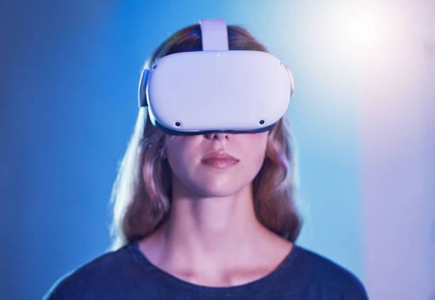 istock VR science future, woman robot in ai augmented reality, digital technology in cyberspace or gamer user experience. Virtual reality innovation, scifi metaverse gaming or 360 online vision ux glasses 1454007564