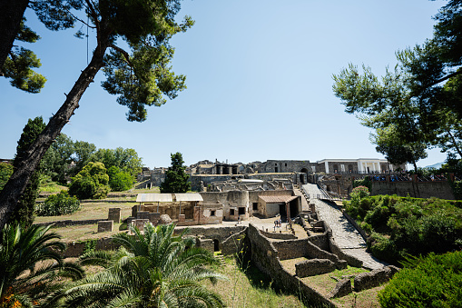 Panoramic view of the ancient city of Pompeii with houses and streets. Roman city died from the eruption of Mount Vesuvius Naples, Italy.