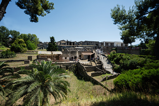 Panoramic view of the ancient city of Pompeii with houses and streets. Roman city died from the eruption of Mount Vesuvius Naples, Italy.