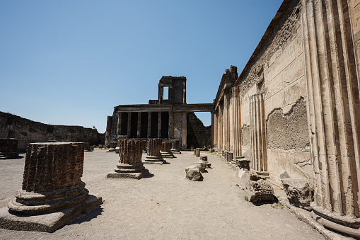 Archaeological ruin of ancient Roman city Pompeii, was destroyed by eruption of Vesuvius, volcano nearby city in Pompeii, Campania region, Italy.