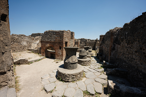 Archaeological ruin of ancient Roman city Pompeii, was destroyed by eruption of Vesuvius, volcano nearby city in Pompeii, Campania region, Italy.