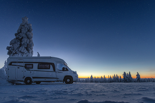 Overnight stay in the motorhome with wonderful winter landscape, Finland