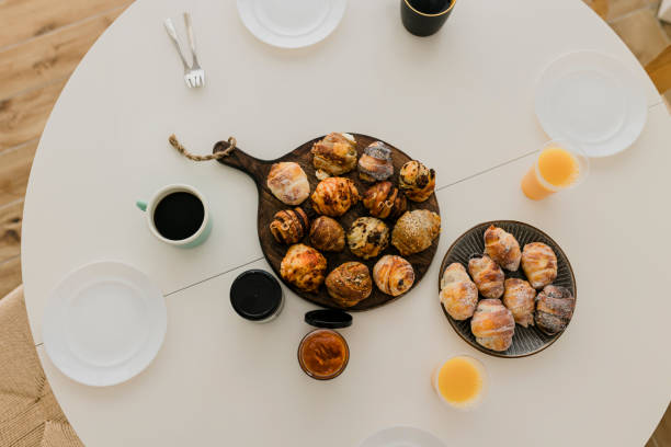 Top view of fresh breakfast on table