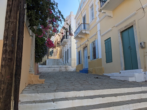 A quiet street in the village of Symi on a Greek island