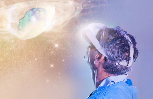 istock Man, metaverse or virtual reality for planet hologram, solar system or universe galaxy and manifestation or subconscious 3d. Vr headset, futuristic or solar system stars abstract in ai fantasy vision 1454010964