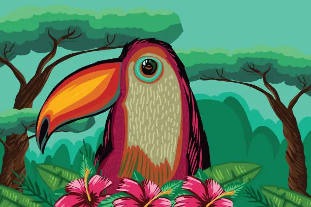 Vector illustration of Toucan and exotic flowers