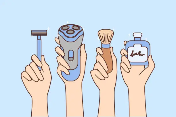 Vector illustration of Hands holding different tools for shaving