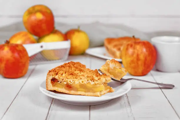 Photo of Slice of traditional European apple pie with topping crumbles