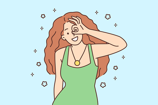 Smiling young redhead woman showing hand gesture feeling joyful and optimistic. Happy girl look through finger. Emotion and expression. Vector illustration.