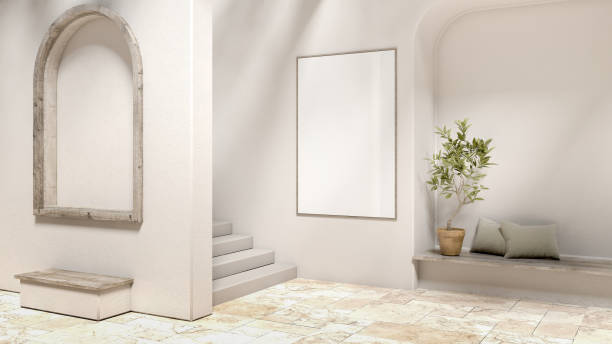 istock Interior wall of a curved building with frame mockup and plants. Minimal Mediterranean interior design concept. and contemporary interiors. 3d rendering 1454015317