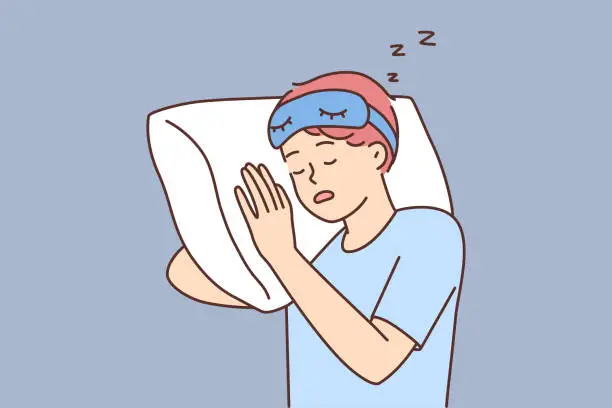 Vector illustration of Tired guy sleep on pillow in bed