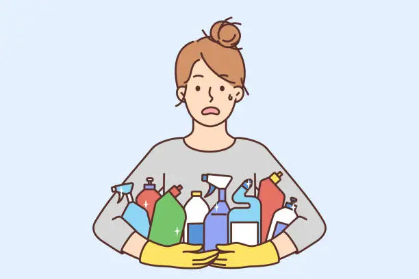 Vector illustration of Stressed woman with detergent bottles