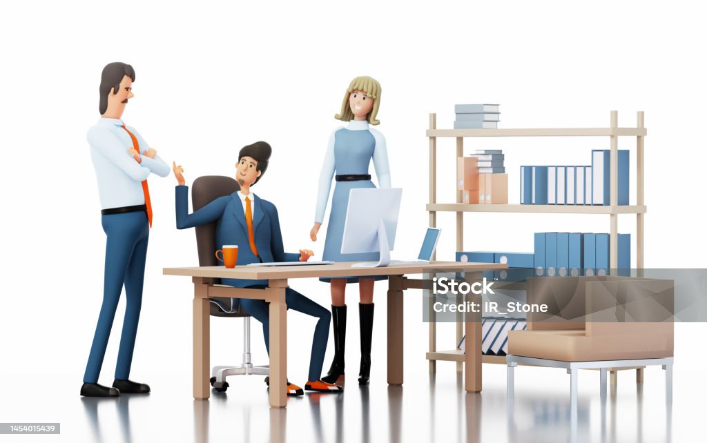 Group of Business people are working in office, discussing the deal, making strategic decisions. 3D rendering illustration Achievement Stock Photo