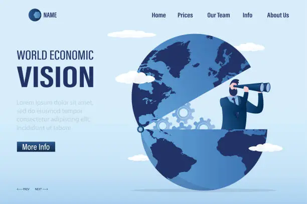 Vector illustration of World economic vision, landing page template. Confident businessman sits in globe and looks through binoculars. International opportunity for business, investment or work.