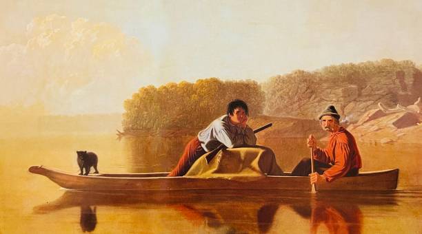 Return of the trappers in a boat, 1851 Illustration from 19th century. two men hunting stock illustrations