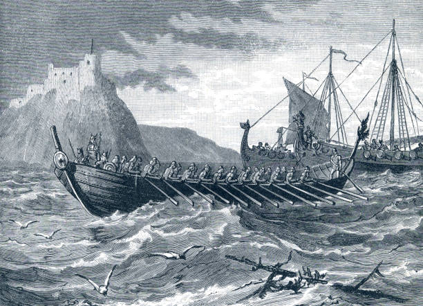 ilustraciones, imágenes clip art, dibujos animados e iconos de stock de barcos vikingos daneses que llegan a inglaterra - drakkar