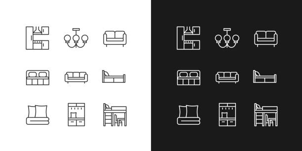 stockillustraties, clipart, cartoons en iconen met modern contemporary furniture shop pixel perfect linear icons set for dark, light mode - sofa