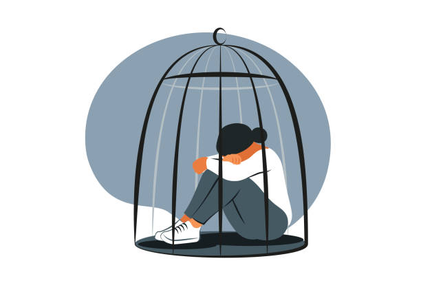 ilustrações de stock, clip art, desenhos animados e ícones de sad woman sitting inside the closed cage. mental disorder concept. frustrated stressed woman having anxiety problems, stress, headache. vector illustration. - subjugate