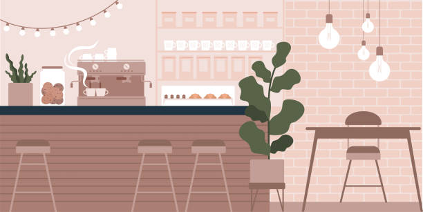 trendiges kaffeehaus-interieur ohne menschen - café kultur stock-grafiken, -clipart, -cartoons und -symbole