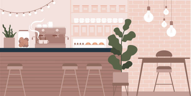 Trendy coffee house interior with no people Coffeehouse inside design. Barista counter, Furniture and lighting for cafe. Cozy cafeteria interior for relax and work. No people. Flat Vector illustration cafe culture stock illustrations