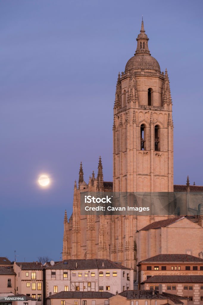 Moonrise at Segovia Cathedral, Segovia, Spain Moonrise at Catedral de Segovia, Segovia, Spain in Segovia, Castile and León, Spain Above Stock Photo
