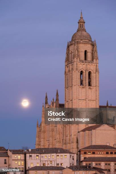 Moonrise At Segovia Cathedral Segovia Spain Stock Photo - Download Image Now - Above, Architecture, Castilla y León