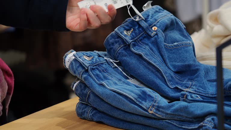 Pile of jeans on the shelf.