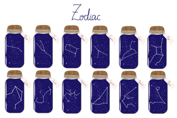 istock Set of glass jars with zodiac constellations on the night sky. 1454022468