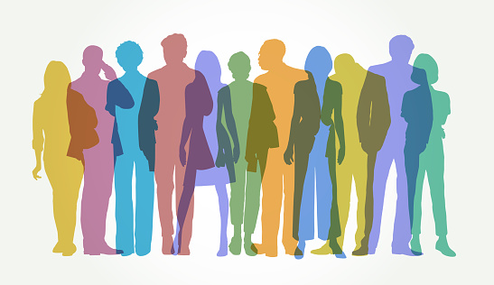 Colourful overlapping silhouettes of Professional or Business people. Business, men, women, businessman, businesswoman, commerce, success, growth, Launch event, finance,