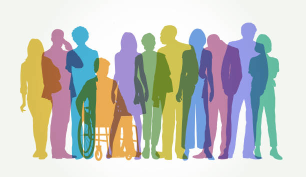 Professional or Business people Colourful overlapping silhouettes of Professional or Business people. Business, men, women, businessman, businesswoman, commerce, success, growth, Launch event, finance, Disability, wheelchair, accessibility, one point perspective person stock illustrations