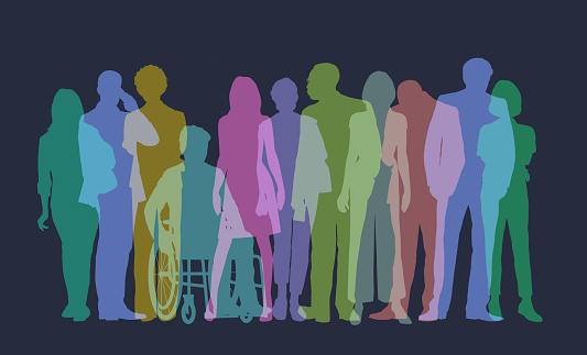Colourful overlapping silhouettes of Professional or Business people. Business, men, women, businessman, businesswoman, commerce, success, growth, Launch event, finance, Disability, wheelchair, accessibility,