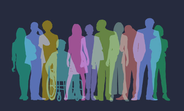Professional or Business people Colourful overlapping silhouettes of Professional or Business people. Business, men, women, businessman, businesswoman, commerce, success, growth, Launch event, finance, Disability, wheelchair, accessibility, one point perspective person stock illustrations