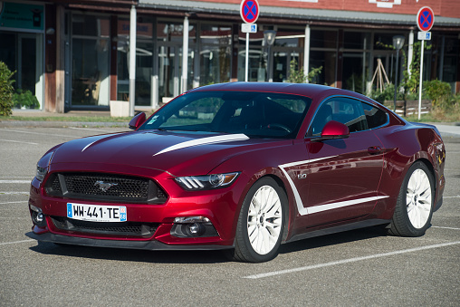 Lutterbach - France - 4 September 2022 - front view of red Ford Mustang GT 500 parked in the street