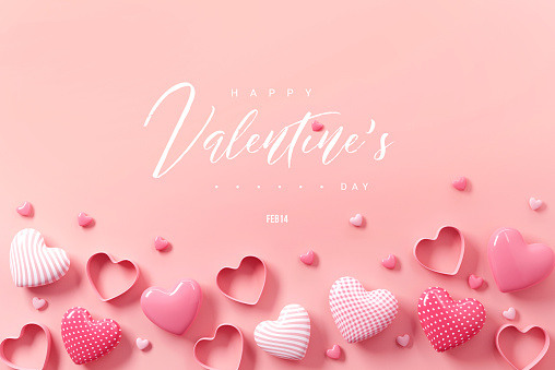 Happy Valentine's day with hearts on pink background, 3d render.