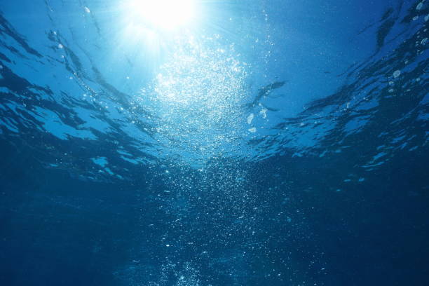 istock Sunlight with bubbles underwater rising to water surface natural scene 1454027669